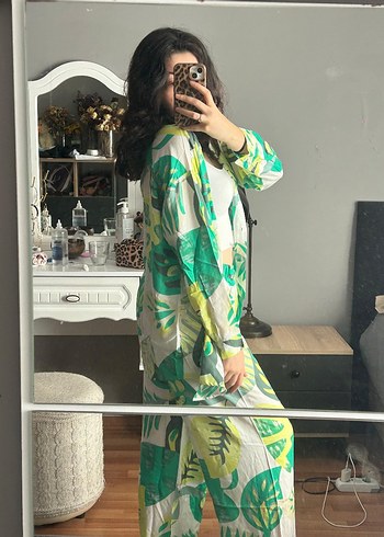 Diğer Yeşil Batik Desenli Kadın Kimono takım