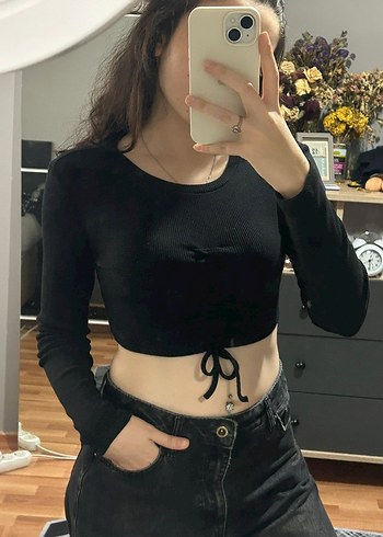 Siyah Uzun Kollu Crop Bluz