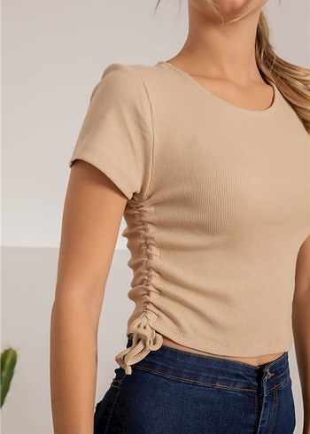Bej Kadın Kısa Kollu Crop Top