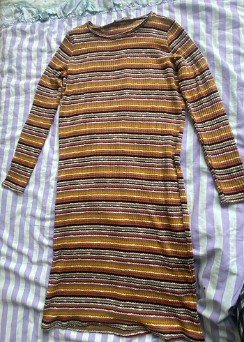 Çizgili, Uzun Kollu Bohem Midi Elbise - Görsel 2