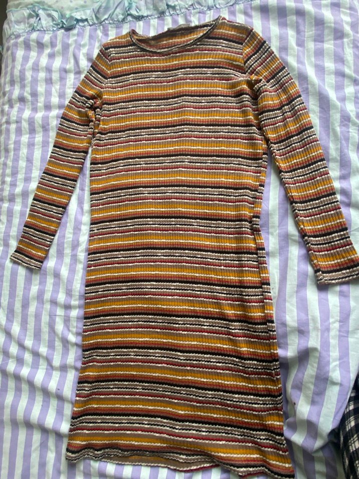 Çizgili, Uzun Kollu Bohem Midi Elbise - Görsel 2