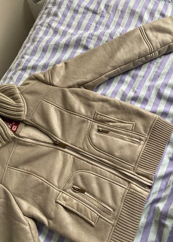 Bej deri Kadın Fermuarlı Ceket - Görsel 3