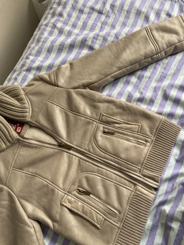 Bej deri Kadın Fermuarlı Ceket - Görsel 3