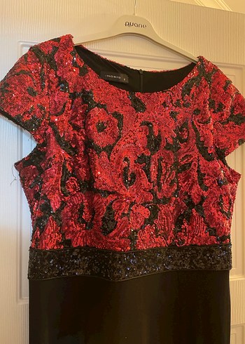 Kısa Kollu Kırmızı Siyah Uzun Abiye Elbise - Görsel 2