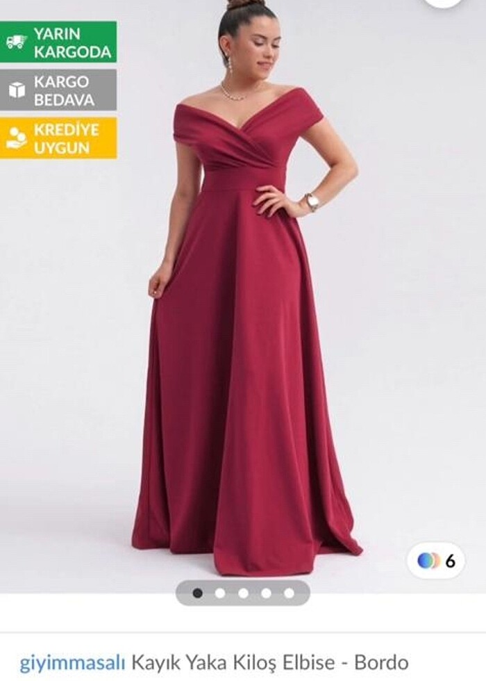 Bordo uzun abiye kayık yaka elbise - Görsel 2