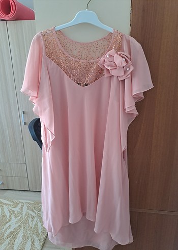 Abiye Pudra Pembe Mini Abiye Elbise
