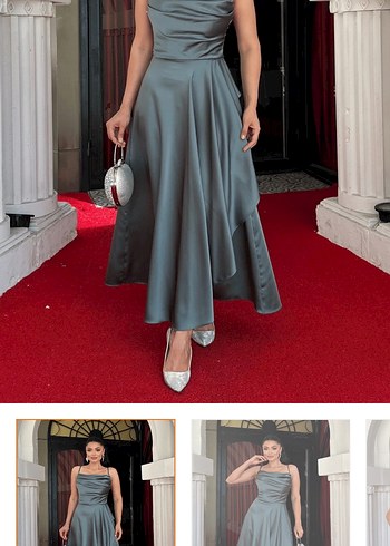 Gri Drapeli Uzun Kadın Abiye Elbise - Görsel 3