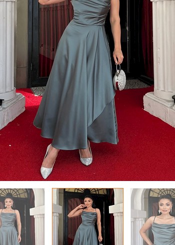 Gri Drapeli Uzun Kadın Abiye Elbise - Görsel 2