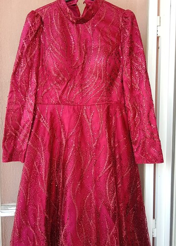 Bordo Uzun Kollu Nakışlı Kadın Elbise - Görsel 2