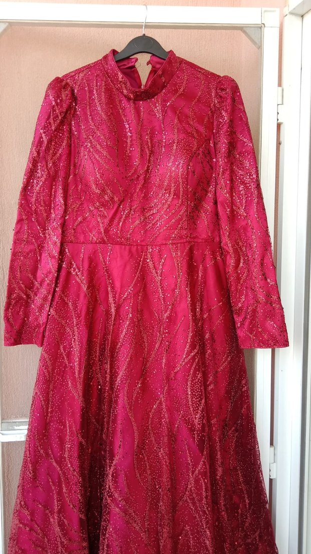 Bordo Uzun Kollu Nakışlı Kadın Elbise - Görsel 2