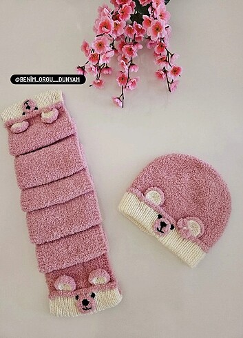 2-3 Yaş, 20 cm Beden pembe Renk Peluş atkı bere takımı