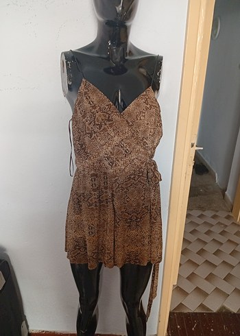 Yılan Desenli Kahverengi Mini Kadın Tulum
