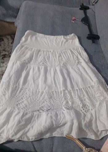 Diğer Fırfırlı Beyaz Kadın Uzun Keten Etek