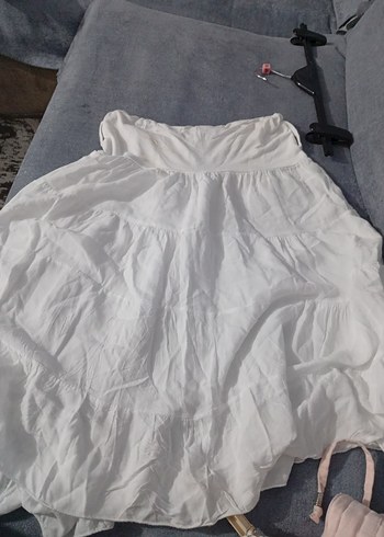 s Beden beyaz Renk Fırfırlı Beyaz Kadın Uzun Keten Etek