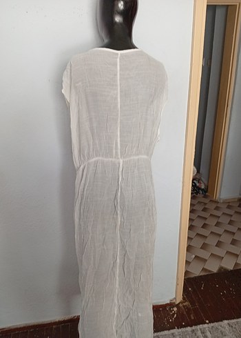 Beyaz Keten V Yakalı Uzun Bohem Elbise - Görsel 5