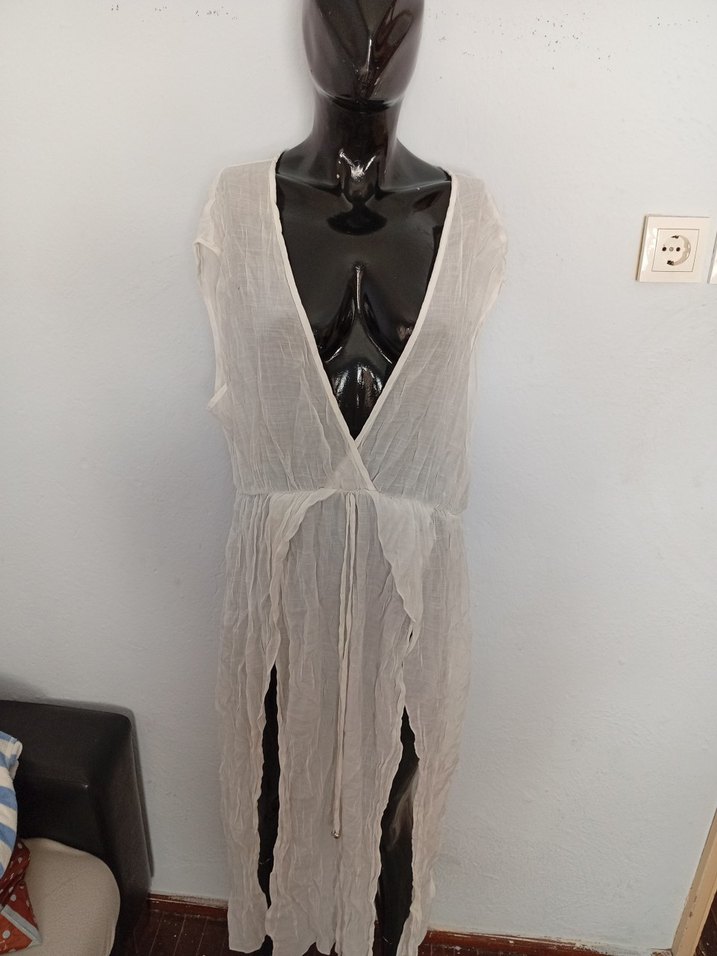 Beyaz Keten V Yakalı Uzun Bohem Elbise - Görsel 4