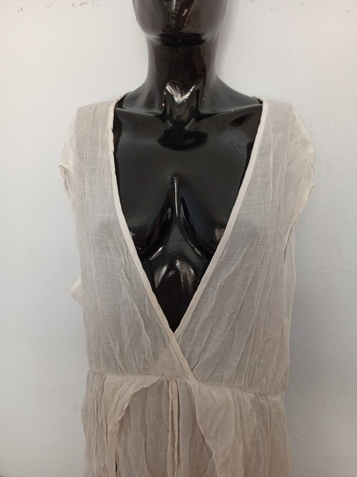 Beyaz Keten V Yakalı Uzun Bohem Elbise - Görsel 3