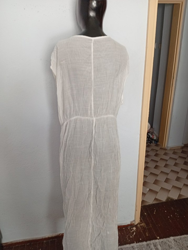 Beyaz Keten V Yakalı Uzun Bohem Elbise - Görsel 5