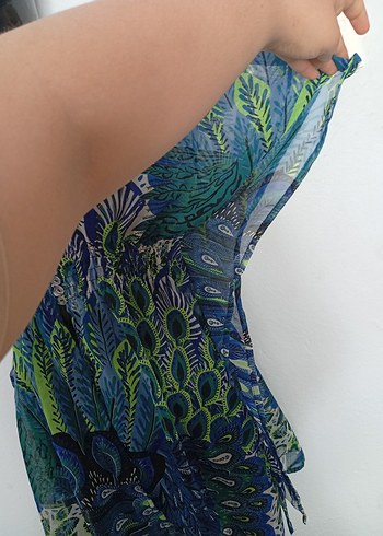 Renkli Bohem V Yaka Mini plaj elbisesi - Görsel 5