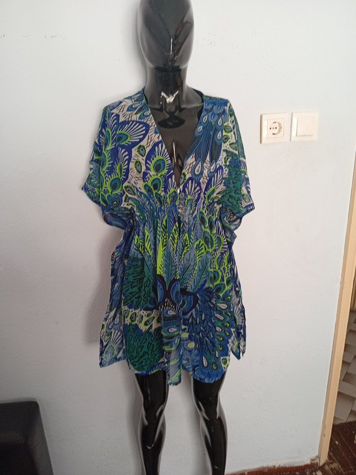 Renkli Bohem V Yaka Mini plaj elbisesi - Görsel 2