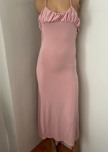 Pembe Drapeli Uzun Straplez Elbise