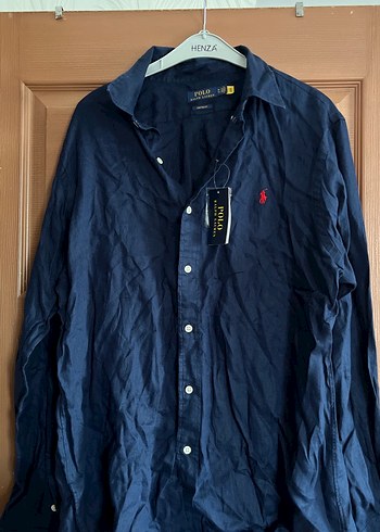 Ralph lauren Düğmeli Lacivert Erkek Keten Gömlek orjınal
