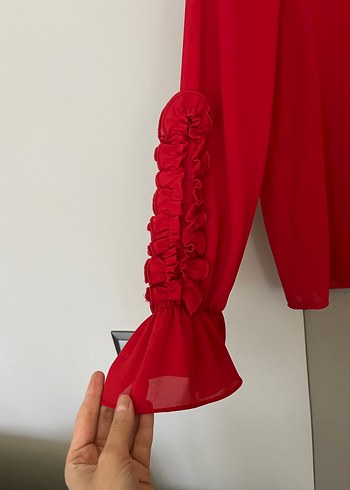 Zara Kırmızı Uzun Kollu Tül Gömlek - Görsel 3