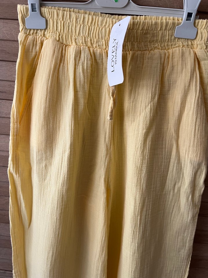 Sarı Bol Kesim Keten Pantolon - Görsel 2