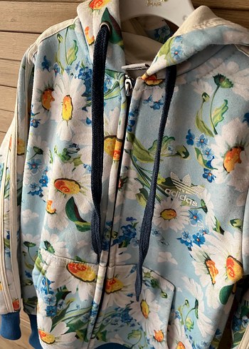 Çiçek Desenli Kapüşonlu Mavi çocuk hırka - Görsel 2