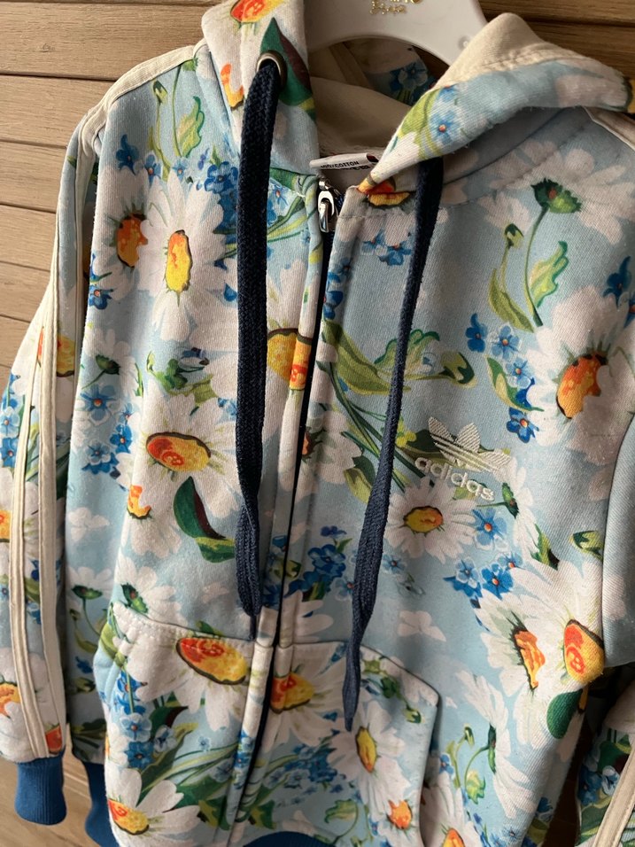 Çiçek Desenli Kapüşonlu Mavi çocuk hırka - Görsel 2