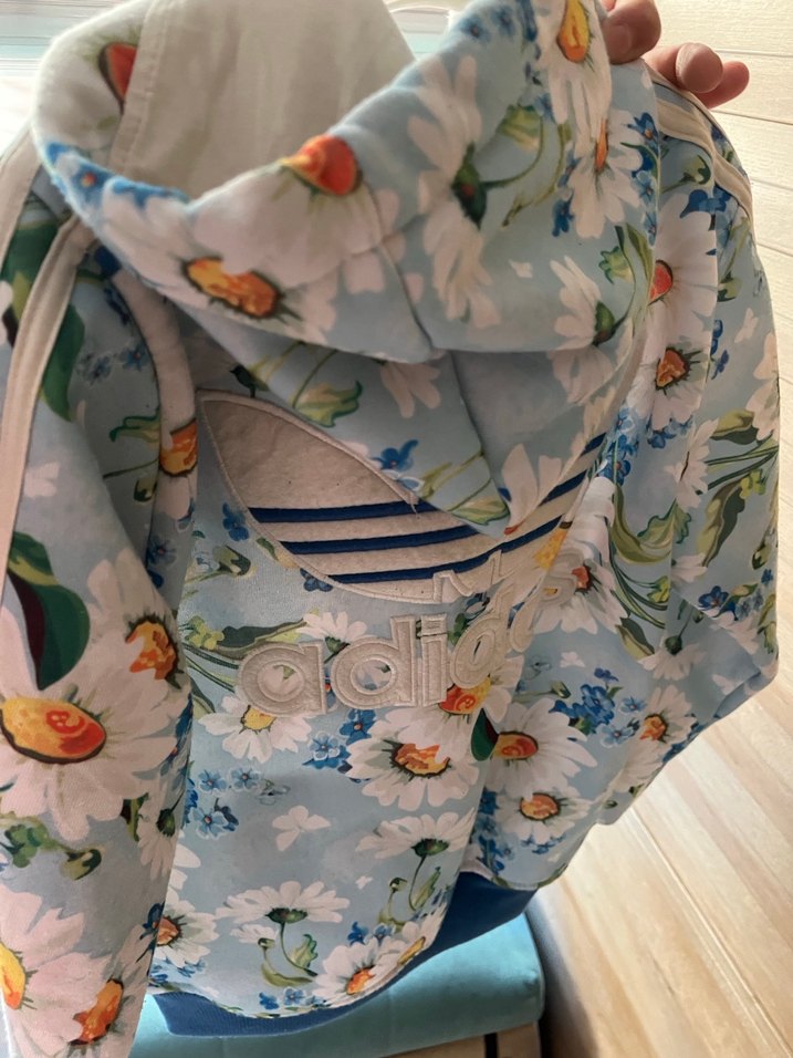 Çiçek Desenli Kapüşonlu Mavi çocuk hırka - Görsel 4