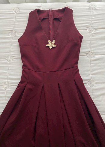 Bordo V-Yaka Pilili Midi Abiye Elbise
