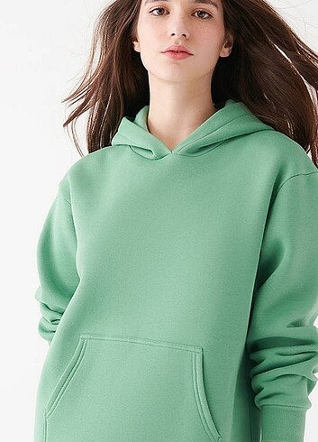 Kapüşonlu Yeşil Basic Sweatshirt