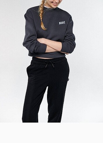 Mavi Logo Baskılı Gri Crop Sweatshirt