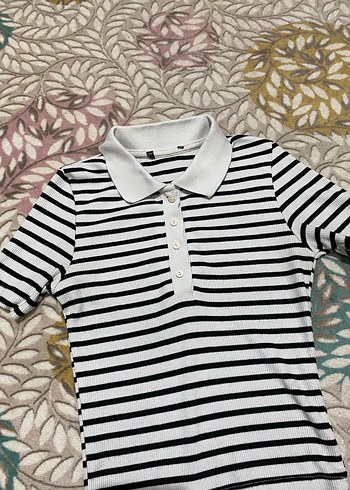 Beyaz Siyah Çizgili Polo Tişört - Görsel 2