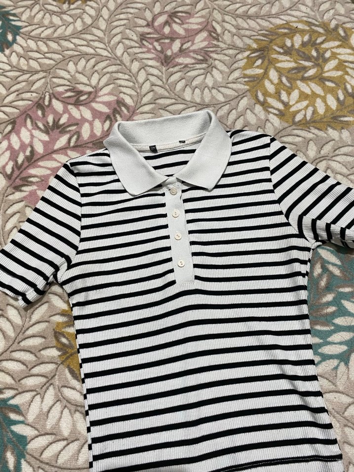 Beyaz Siyah Çizgili Polo Tişört - Görsel 2