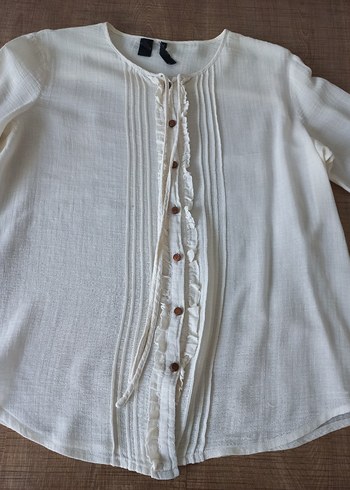 H&M Düğmeli Beyaz Keten Kadın Gömlek - Görsel 5