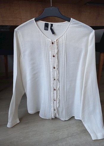 H&M Düğmeli Beyaz Keten Kadın Gömlek - Görsel 2