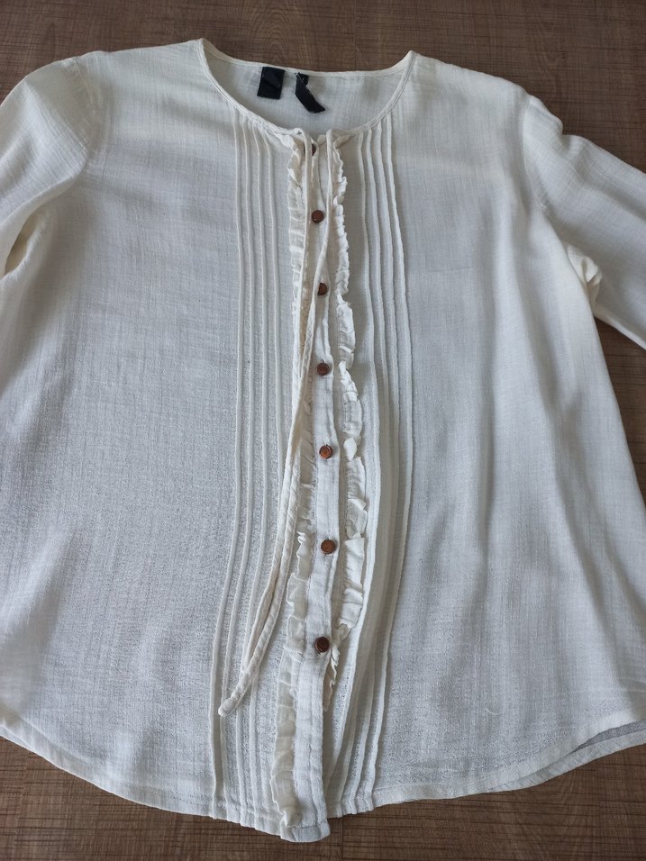 H&M Düğmeli Beyaz Keten Kadın Gömlek - Görsel 5