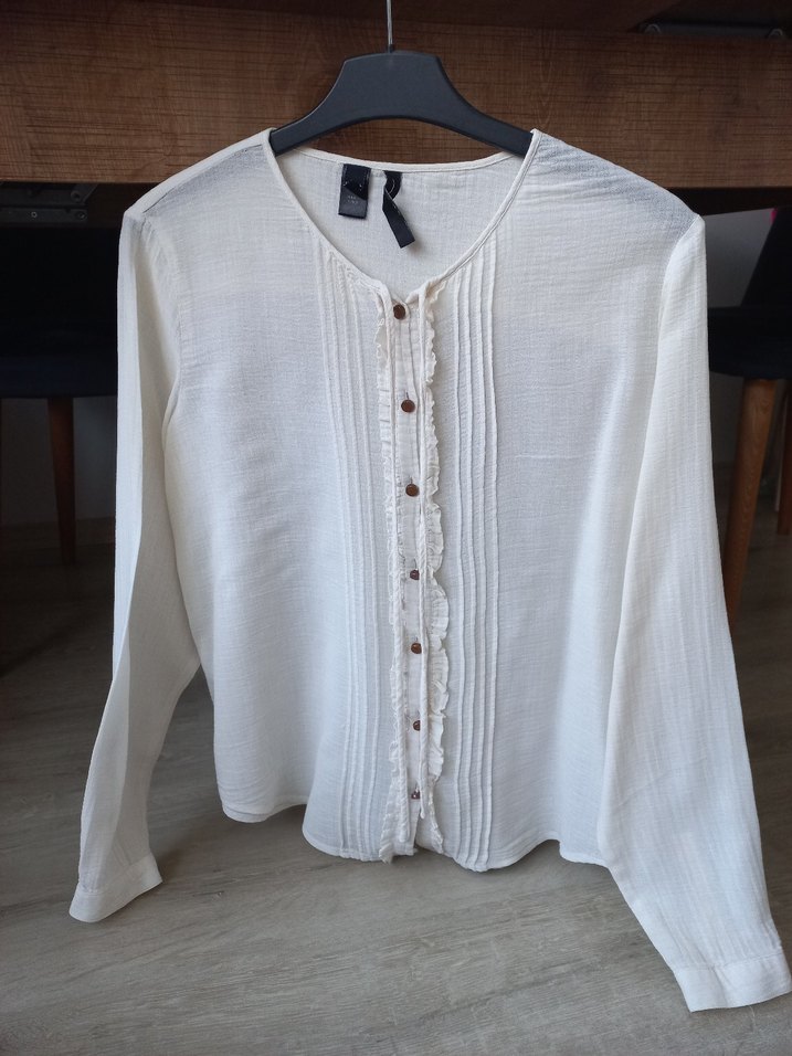 H&M Düğmeli Beyaz Keten Kadın Gömlek - Görsel 2