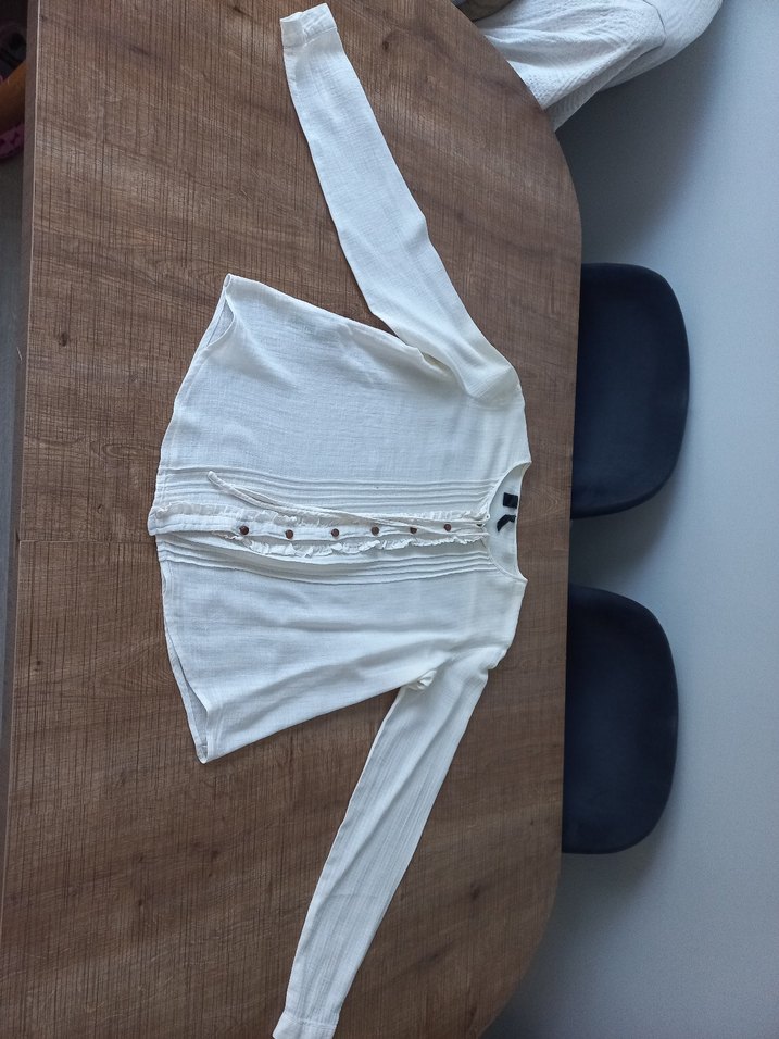 H&M Düğmeli Beyaz Keten Kadın Gömlek - Görsel 3