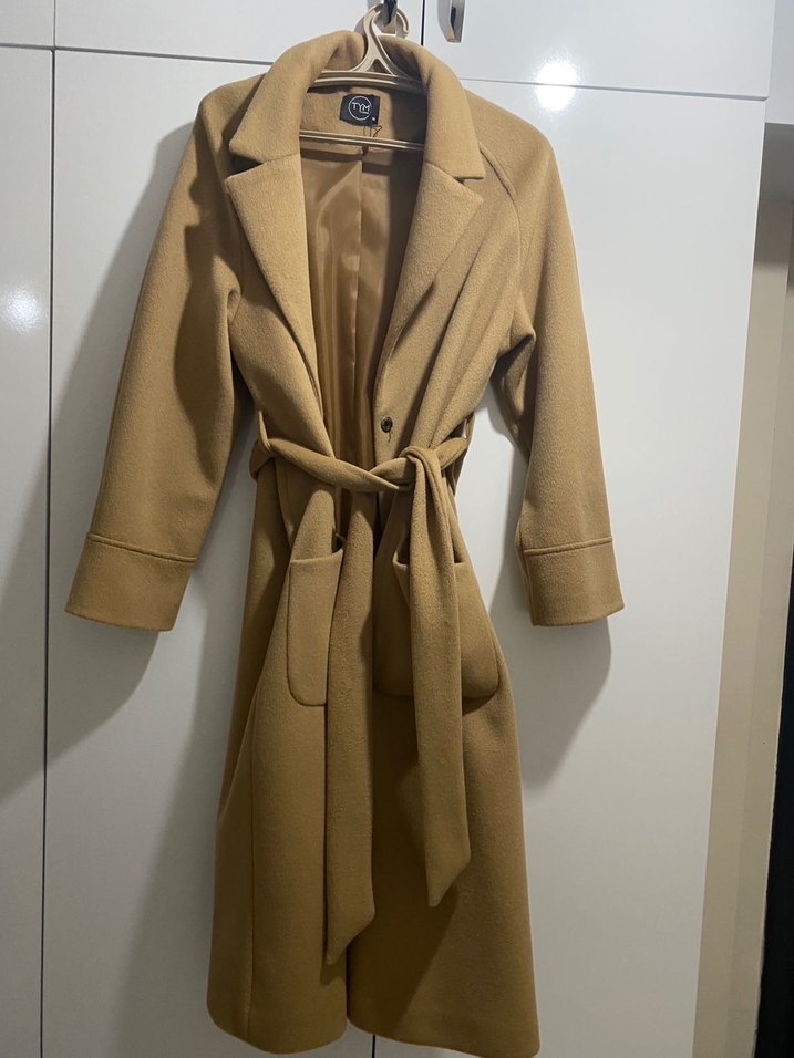 Bej Süet Midi Kemerli Kadın Klasik Kaban - Görsel 2