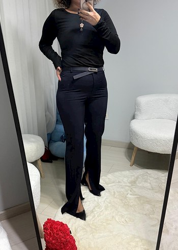 Palament mavisi Kemerli Midi Kumaş Kadın Pantolon - Görsel 3