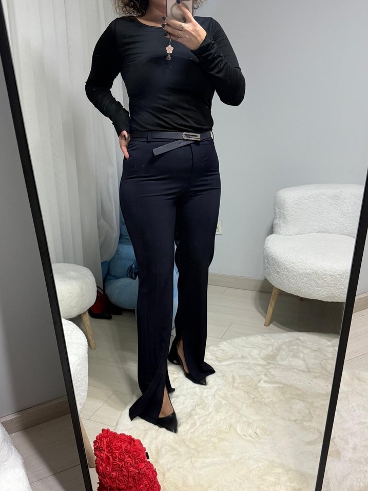 Palament mavisi Kemerli Midi Kumaş Kadın Pantolon - Görsel 3