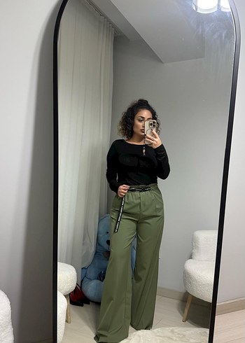 Kadın Haki Kemerli Bol Kesim Kumaş Pantolon - Görsel 2