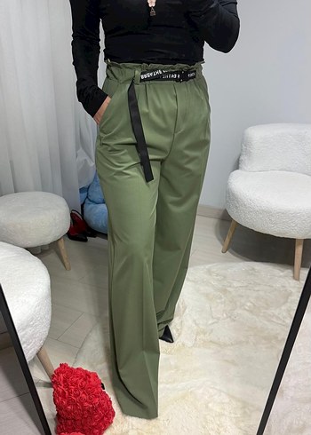 Kadın Haki Kemerli Bol Kesim Kumaş Pantolon - Görsel 3