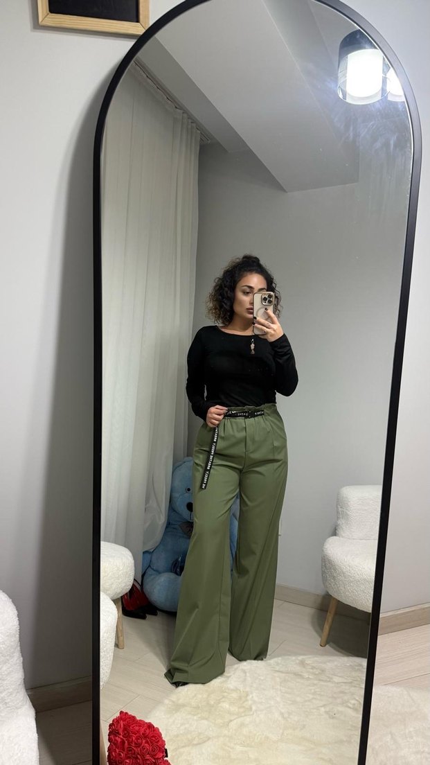 Kadın Haki Kemerli Bol Kesim Kumaş Pantolon - Görsel 2