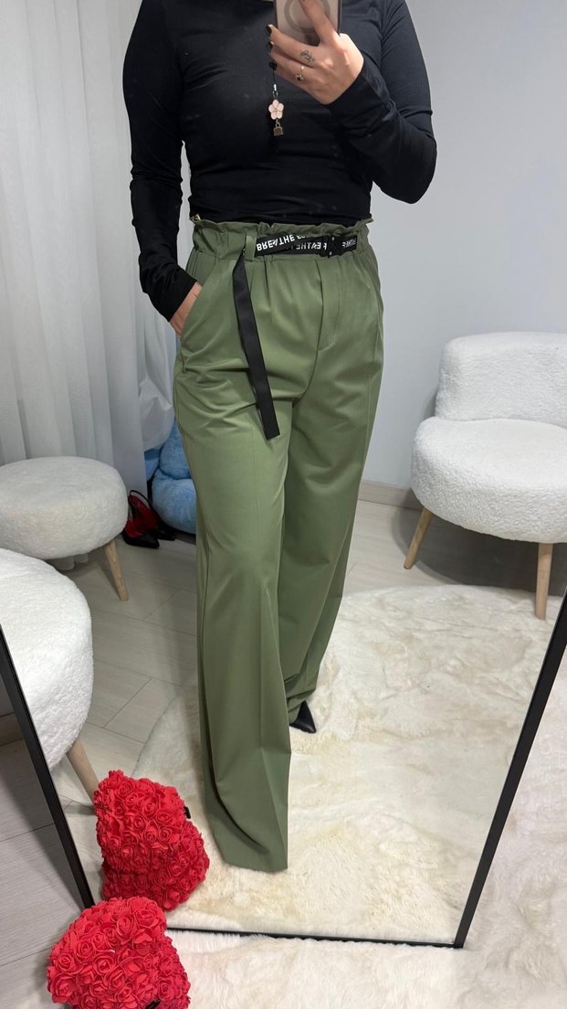 Kadın Haki Kemerli Bol Kesim Kumaş Pantolon - Görsel 3