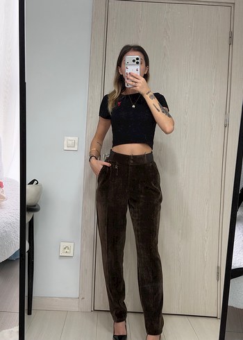 Kahverengi Kadife Kemerli Regular Fit Pantolon - Görsel 3