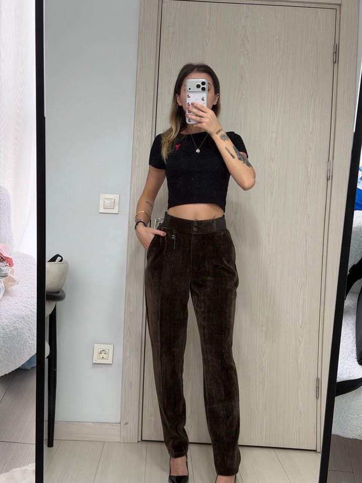 Kahverengi Kadife Kemerli Regular Fit Pantolon - Görsel 3